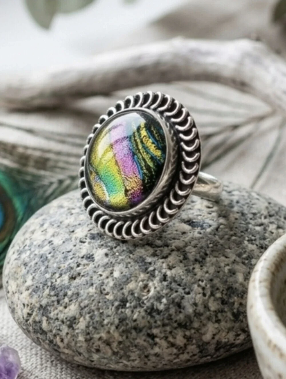 925 Sterling Silver Artisanal Rainbow Dichroic Glass Statement Ring Size 9